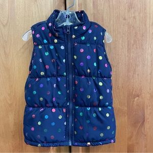 Faded Glory Puffer Vest Navy Blue Metallic  Rainbow Polka Dot Girls Size 4/5 XS